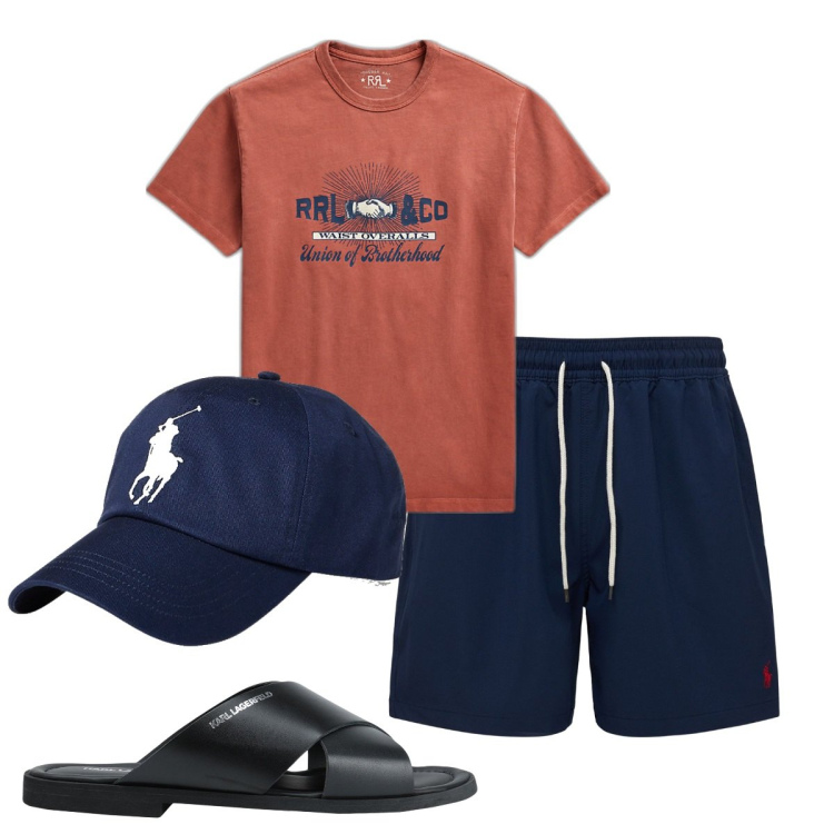 Outfit uomo - Total look #1716171. Stile Casual per Mare. Abbinamento con sandali, cappelli, t-shirt, shorts.