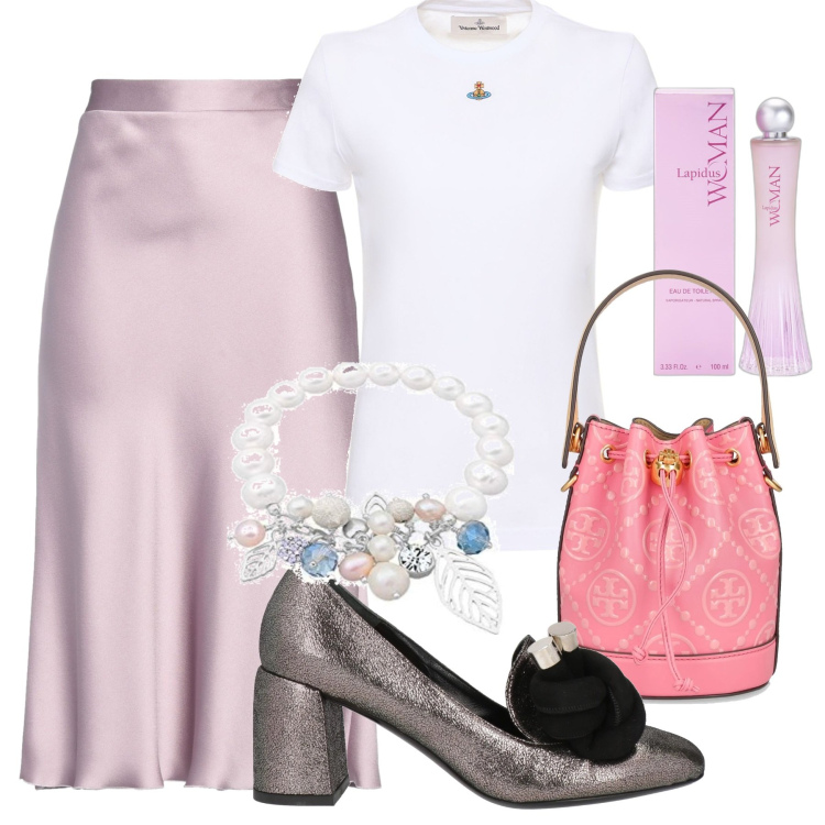 Outfit donna - Total look #1716214. Stile Bon Ton per Ufficio. Abbinamento con gonne longuette, mocassini, profumi, braccialetti, t-shirt, borse a spalla.