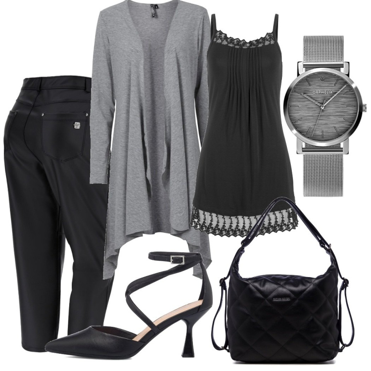 Outfit donna - Stasera sto comoda. Stile Basic per Serata fuori. Abbinamento con cardigans, top, pantaloni capri, zaini, décolleté, orologi analogici.
