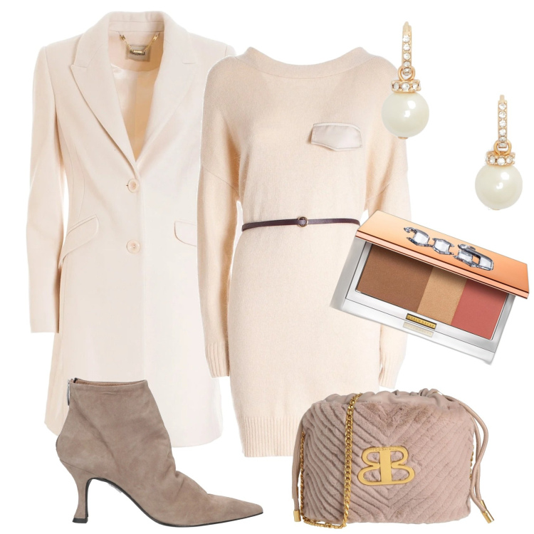 Outfit donna - Soprasole. Stile Chic per Ufficio. Abbinamento con borse a tracolla, stivaletti, blush, vestiti midi/longuette, cappotti, orecchini.