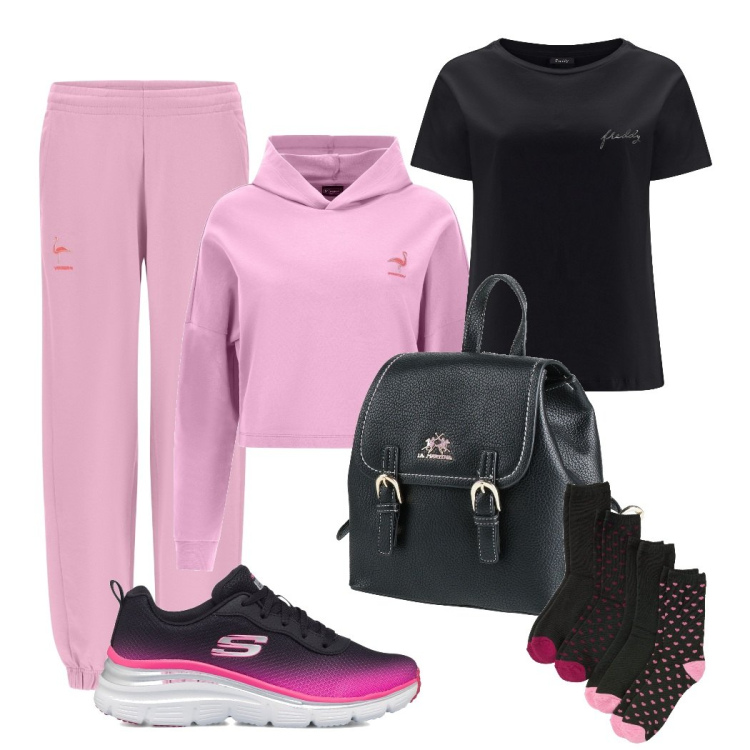 Outfit donna - Sportiva. Stile Urban per Sport. Abbinamento con calzini, zaini, pantaloni, felpe con cappuccio, t-shirt, sneakers.
