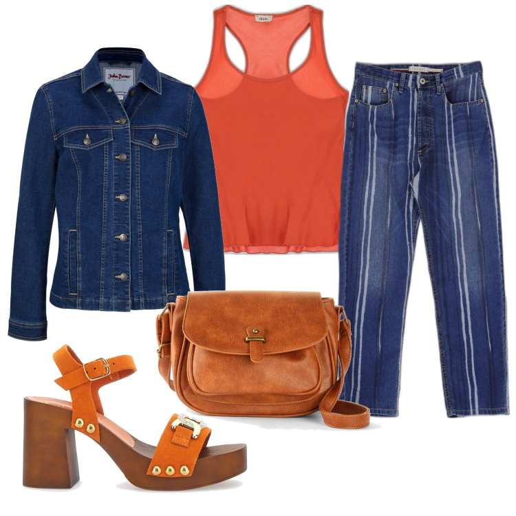 Outfit donna - Jeans rigato. Stile Casual per Tutti i giorni. Abbinamento con borse a tracolla, blazer, jeans dritti, canottiere, zoccoli.