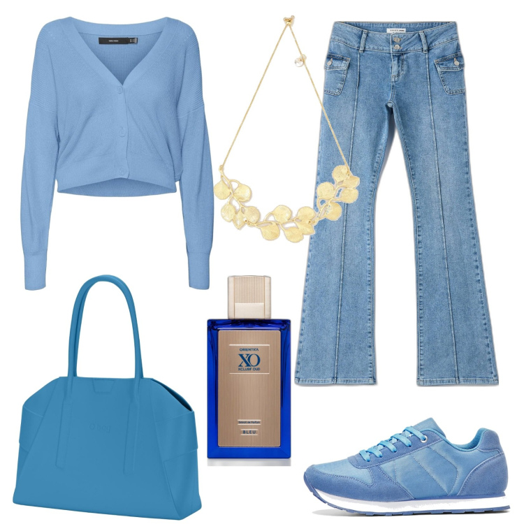 Outfit donna - La borsa perfetta. Stile Basic per Tutti i giorni. Abbinamento con profumi, cardigans, collane, jeans a zampa, sneakers, borse a spalla.