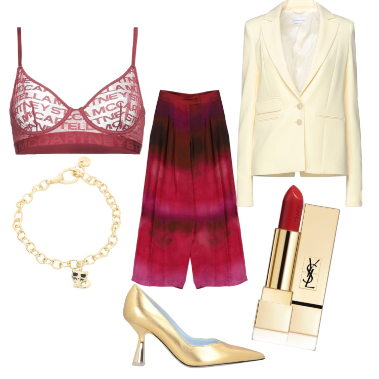 Outfit donna - Red… as wine. Stile Chic per Serata fuori. Abbinamento con blazer, braccialetti, décolleté, reggiseni a balconcino, rossetti, pantaloni a palazzo.