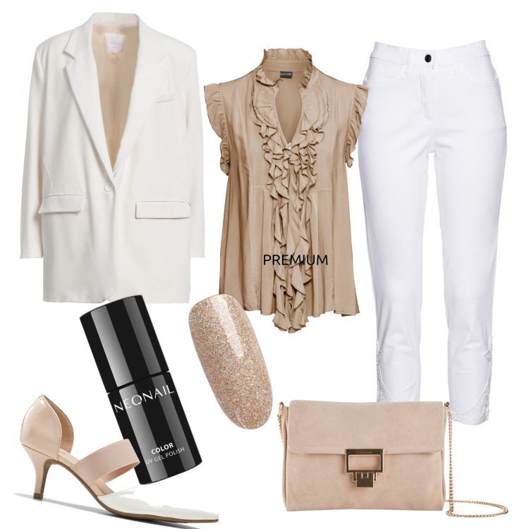 Outfit donna - Bianco frizzante. Stile Chic per Serata fuori. Abbinamento con maglieria, jeans, décolleté, pochette, blazer, smalti.