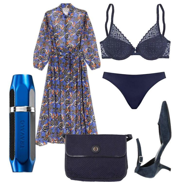 Outfit donna - L\'abito fantasioso. Stile Bon Ton per Serata fuori. Abbinamento con profumi, borse a spalla, décolleté, vestiti midi/longuette, perizomi, reggiseni push-up.