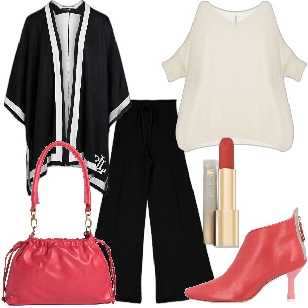 Outfit donna - Morning and night. Stile Chic per Tutti i giorni. Abbinamento con stivaletti, borse a mano, rossetti, pullovers, pantaloni a palazzo, cappe.