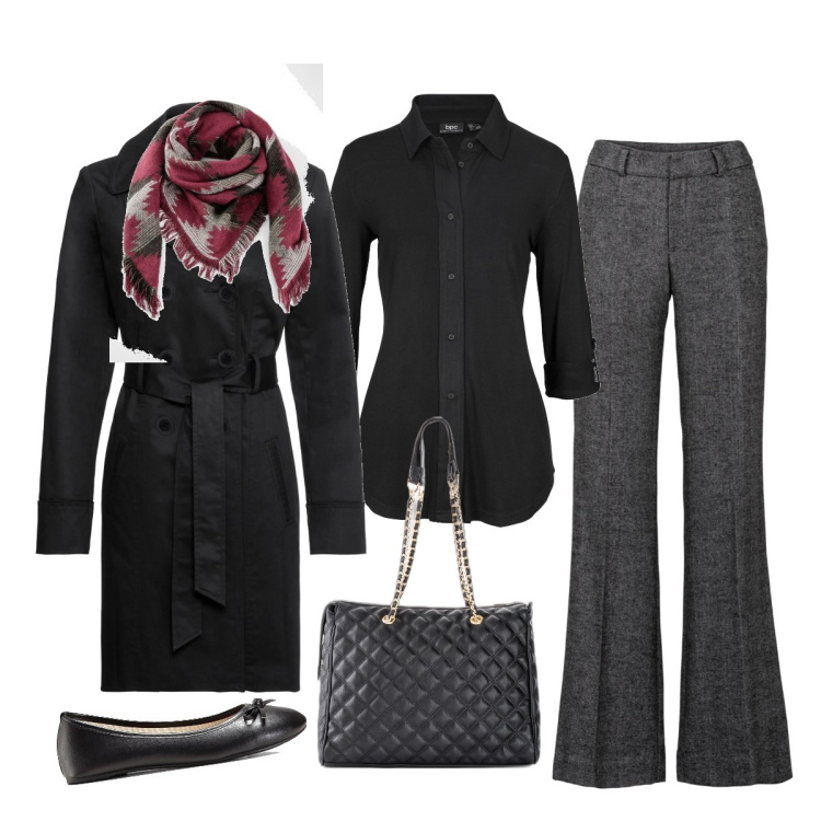 Outfit donna - Elegante con il trench nero. Stile Chic per Tutti i giorni. Abbinamento con pantaloni a palazzo, camicie, trench, ballerine, shopping bag, foulard.