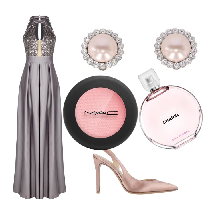 Outfit donna - Romanticamente insieme. Stile Glamour per Serata fuori. Abbinamento con orecchini, décolleté, ombretti, profumi, vestiti lunghi.