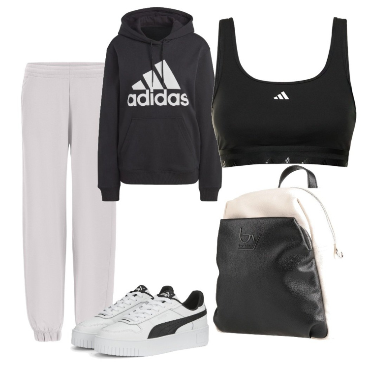 Outfit donna - Zaino in spalla. Stile Trendy per Sport. Abbinamento con zaini, pantaloni, sneakers, felpe con cappuccio, top.