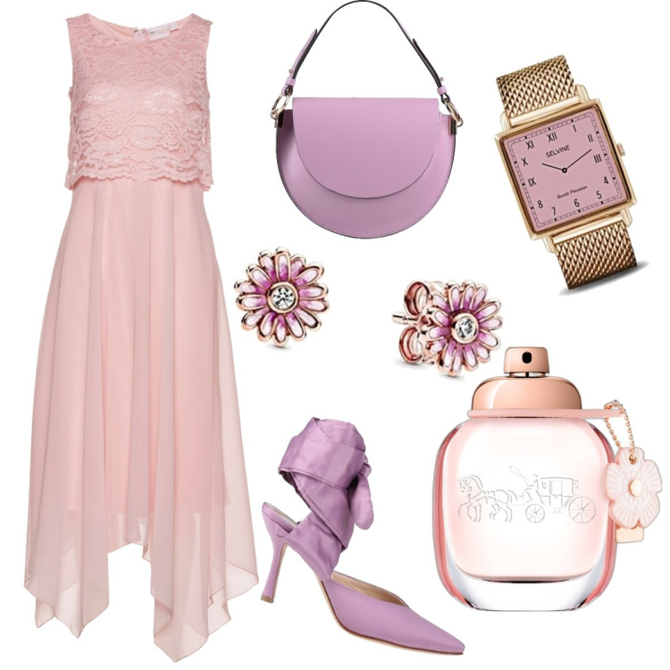 Outfit donna - Serata rosa. Stile Chic per Serata fuori. Abbinamento con vestiti midi/longuette, décolleté, borse a mano, profumi, orologi analogici, orecchini.