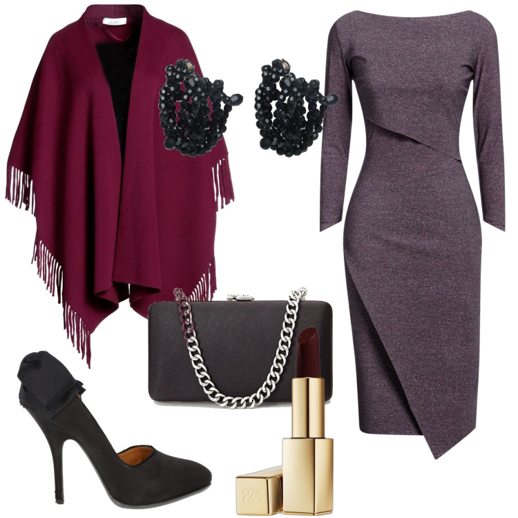 Outfit donna - Valpolicella Rosso etichetta Viola. Stile Chic per Serata fuori. Abbinamento con vestiti midi/longuette, cappe, décolleté, orecchini, rossetti, clutch.
