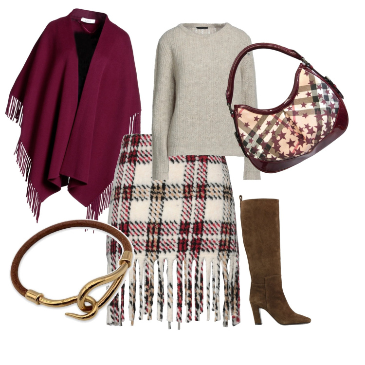Outfit donna - Voglia di autunno. Stile Casual chic per Scuola/Università. Abbinamento con braccialetti, cappe, borse a spalla, minigonne, pullovers, stivali.