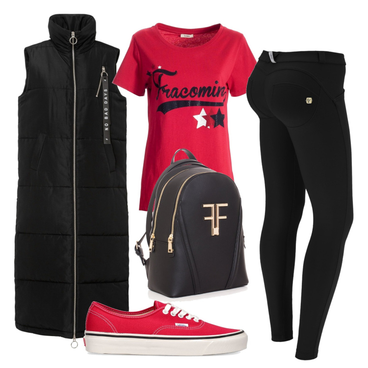 Outfit donna - Rientro a lezione. Stile Casual per Scuola/Università. Abbinamento con gilet, t-shirt, zaini, pantaloni skinny, sneakers.
