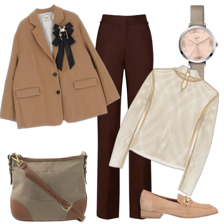 Outfit donna - Giornata piena. Stile Casual per Tutti i giorni. Abbinamento con mocassini, borse a spalla, cappotti, maglieria, pantaloni, orologi analogici.