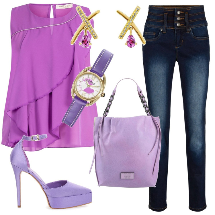 Outfit donna - Total look #1716351. Stile Casual chic per Ufficio. Abbinamento con borse a mano, jeans, top, décolleté, orologi analogici, orecchini.