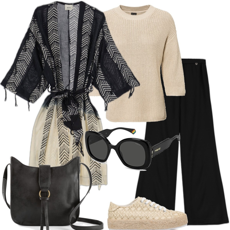 Outfit donna - La giacca etnica. Stile Etnico per Tutti i giorni. Abbinamento con borse a tracolla, maglieria, pantaloni a palazzo, giacche, sneakers alte, occhiali da sole.