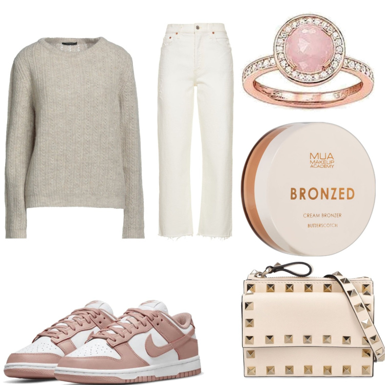 Outfit donna - A spasso per la città. Stile Casual per Tutti i giorni. Abbinamento con sneakers, pullovers, terre, borse a spalla, jeans dritti, anelli.