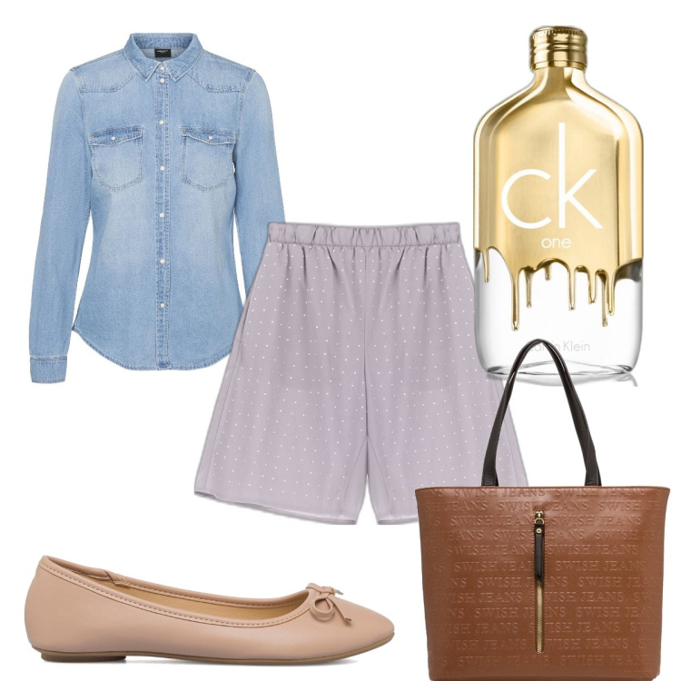Outfit donna - Total look #1716439. Stile Trendy per Tutti i giorni. Abbinamento con profumi, bermuda, camicie, borse a spalla, ballerine.