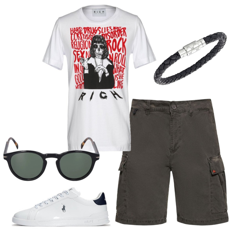 Outfit uomo - Total look #1716449. Stile Casual per Tutti i giorni. Abbinamento con t-shirt, sneakers, shorts, occhiali da sole, braccialetti.