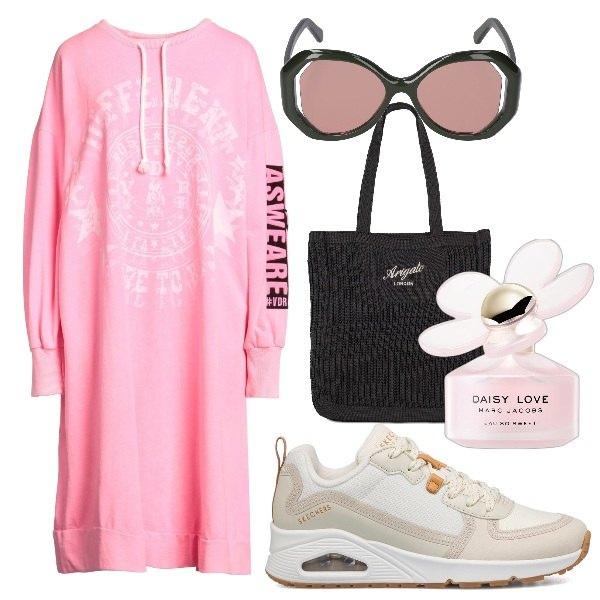 Outfit donna - Mattinate fresche settembrine. Stile Casual per Scuola/Università. Abbinamento con vestiti corti, profumi, sneakers alte, occhiali da sole, shopping bag.