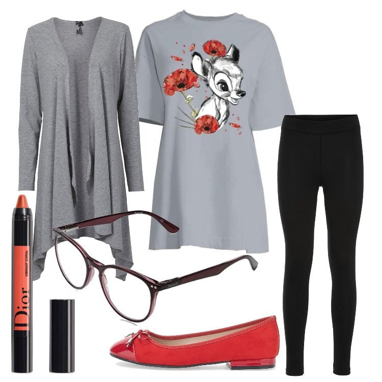Outfit donna - Homewear comodo. Stile Basic per Tutti i giorni. Abbinamento con cardigans, leggings, rossetti, camicie da notte, ballerine, occhiali da sole.