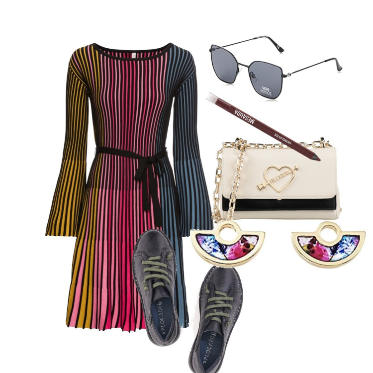 Outfit donna - Chic a modo mio! Day & night. Stile Chic per Tutti i giorni. Abbinamento con vestiti, borse a tracolla, eyeliner, scarpe stringate, orecchini, occhiali da sole.