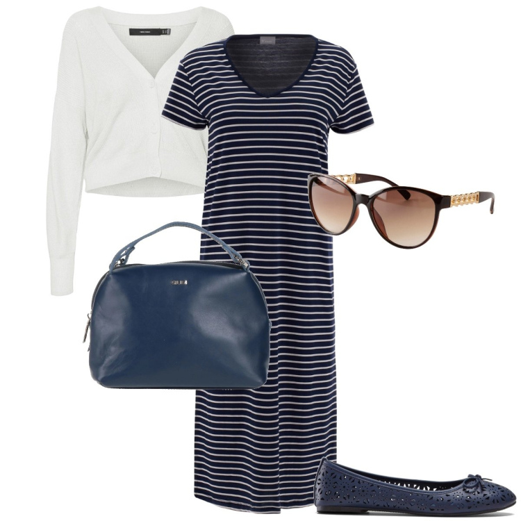 Outfit donna - L’abito a righe. Stile Basic per Tutti i giorni. Abbinamento con ballerine, occhiali da sole, borse a mano, vestiti lunghi, cardigans.