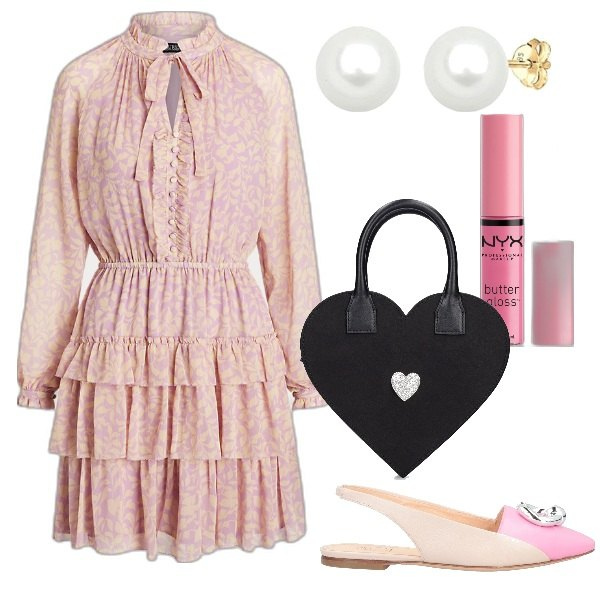 Outfit donna - Abito rosa per mille occasioni. Stile Romantica per Cerimonia. Abbinamento con ballerine, gloss, vestiti, borse a mano, orecchini.
