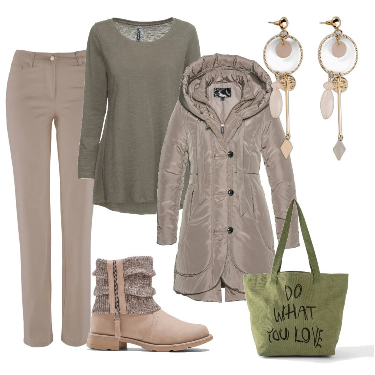 Outfit donna - Piccoli prezzi. Stile Casual per Tutti i giorni. Abbinamento con blazer, maglieria, stivaletti, orecchini, pantaloni, shopping bag.