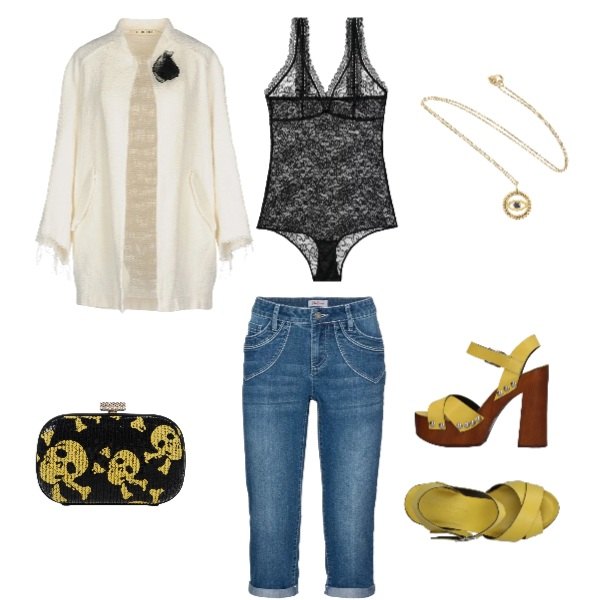 Outfit donna - Urban #7079. Stile Urban Abbinamento con jeans dritti, sandali con tacco squadrato e fibbia interno in pelle con punta tonda tinta unita, soprabito con spilla e frange scollatura profonda a maniche lunghe interno sfoderato in cotone jacquard, borsa a tracolla blu, body con pizzo e bottoni nero, collana lunghezza regolabile argento e blu.
