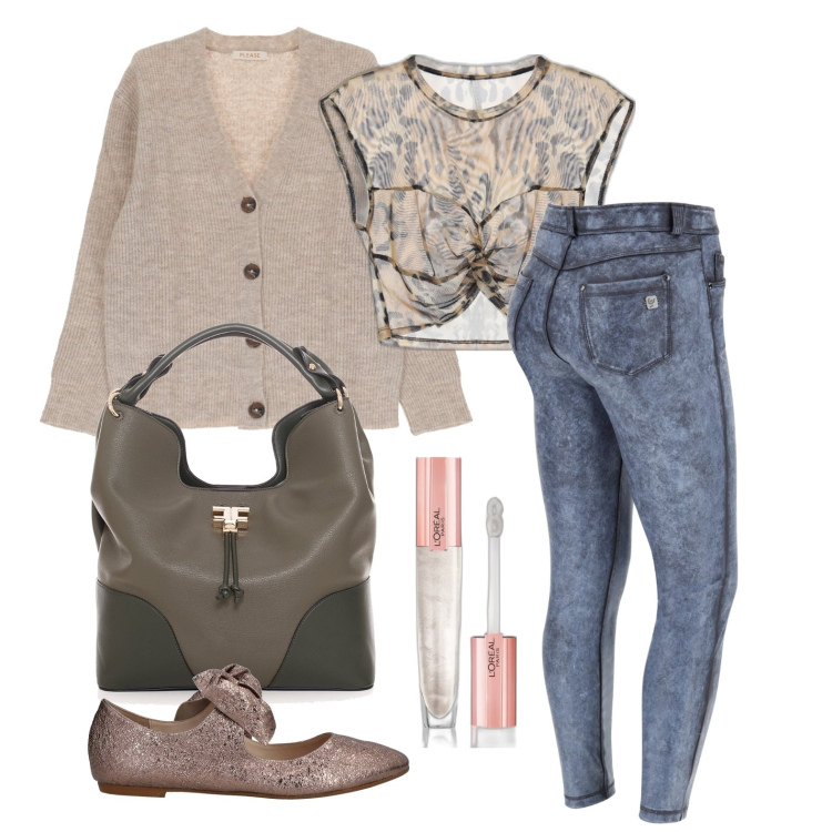 Outfit donna - Ghost outfitter - settembre. Stile Casual per Tutti i giorni. Abbinamento con ballerine, gloss, shopping bag, cardigans, top, pantaloni skinny.
