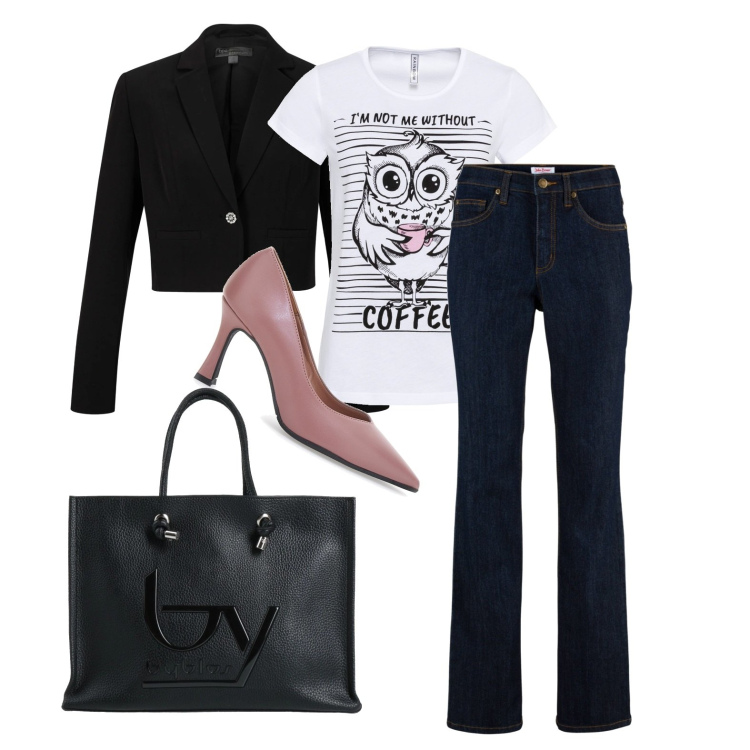 Outfit donna - Ghost outfitter - settembre. Stile Casual chic per Tutti i giorni. Abbinamento con borse a mano, t-shirt sportive, jeans, blazer, décolleté.