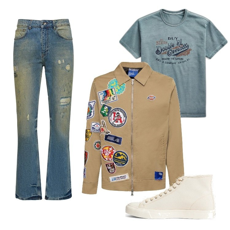 Outfit uomo - Total look #1716577. Stile Trendy per Tutti i giorni. Abbinamento con sneakers, t-shirt, jeans dritti, giacche.