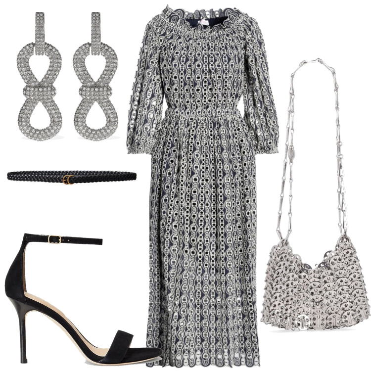 Outfit donna - Un abito gioiello. Stile Chic per Cerimonia. Abbinamento con vestiti midi/longuette, cinture, sandali col tacco, borse a spalla, orecchini.