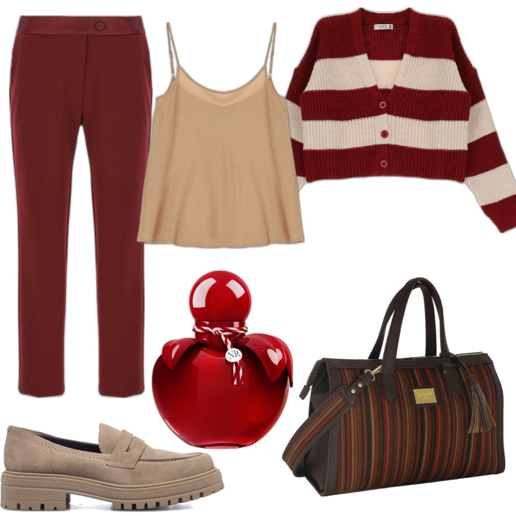 Outfit donna - Borsa perfetta. Stile Casual per Tutti i giorni. Abbinamento con profumi, cardigans, top, pantaloni, mocassini, borse a mano.