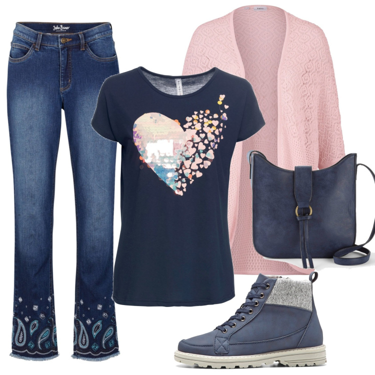 Outfit donna - Fall in love. Stile Casual chic per Tutti i giorni. Abbinamento con cardigans, stivaletti, jeans dritti, t-shirt, borse a tracolla.