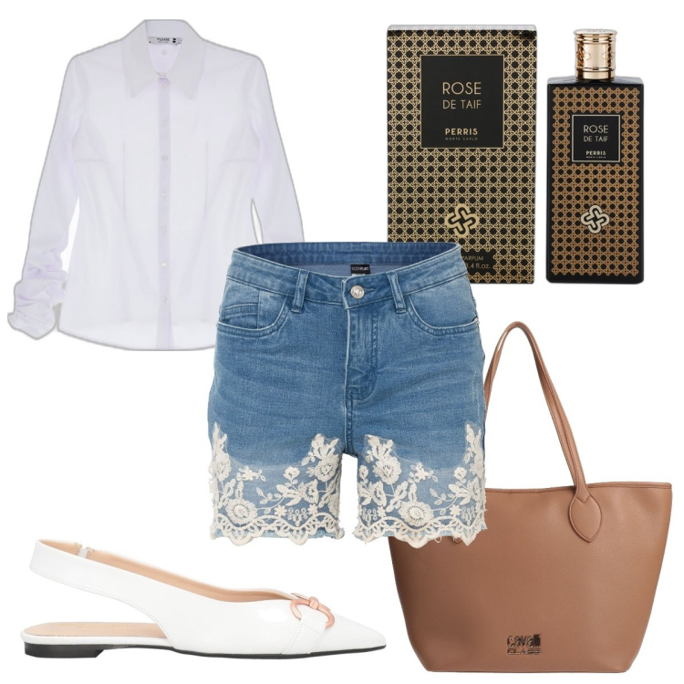 Outfit donna - Total look #1716644. Stile Trendy per Tutti i giorni. Abbinamento con shorts, ballerine, borse a spalla, profumi, camicie.