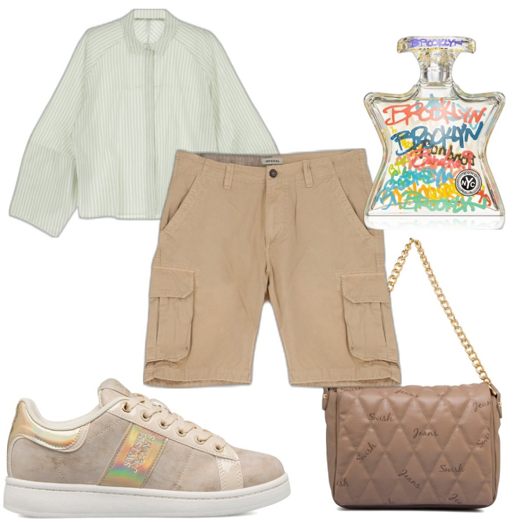 Outfit donna - Total look #1716649. Stile Trendy per Tutti i giorni. Abbinamento con profumi, bermuda, camicie, sneakers, borse a tracolla.
