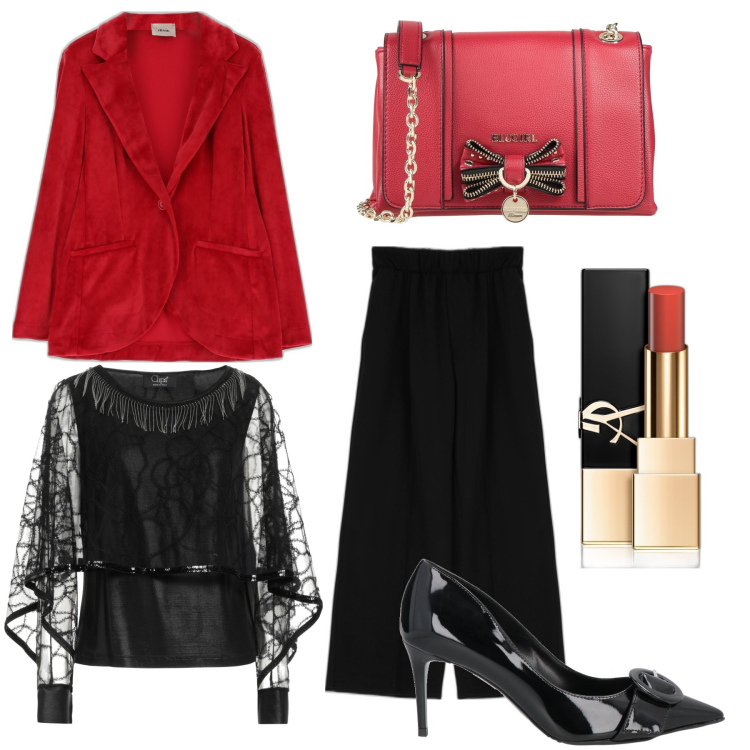 Outfit donna - Il rosso e il nero. Stile Chic per Serata fuori. Abbinamento con rossetti, bluse, borse a tracolla, décolleté, pantaloni a palazzo, giacche.