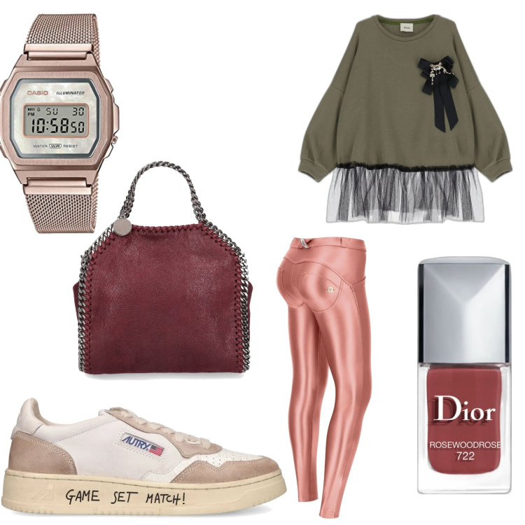 Outfit donna - A tutto bronze!. Stile Sporty chic per Tutti i giorni. Abbinamento con smalti, pantaloni skinny, felpe, sneakers, orologi digitali, shopping bag.
