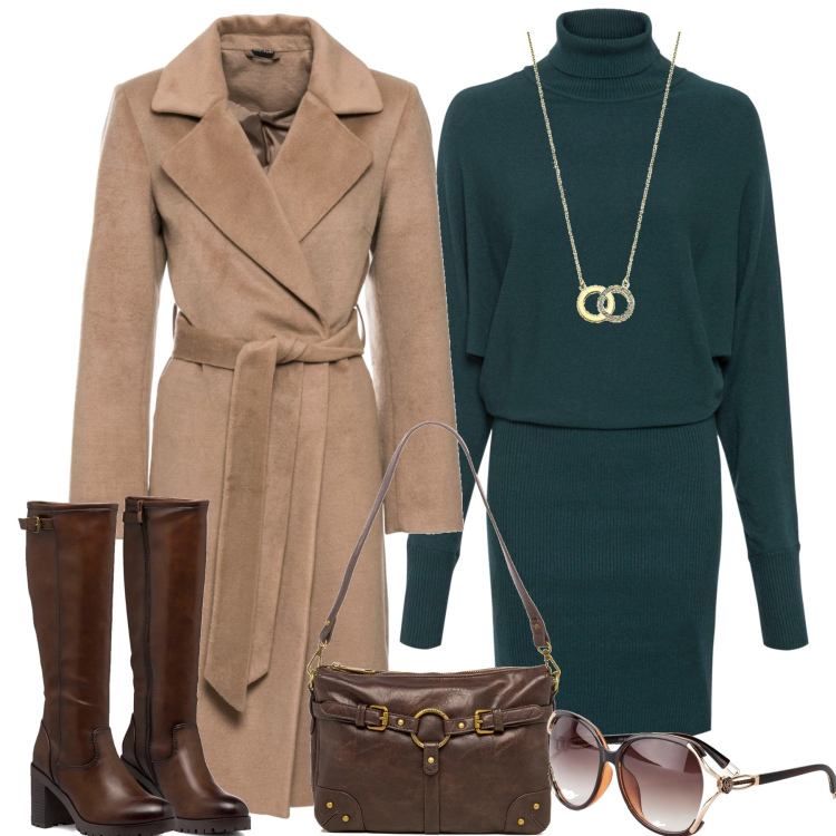 Outfit donna - In ufficio. Stile Vintage retrò per Ufficio. Abbinamento con vestiti, occhiali da sole, cappotti, stivali sopra il ginocchio, borse a spalla, collane.