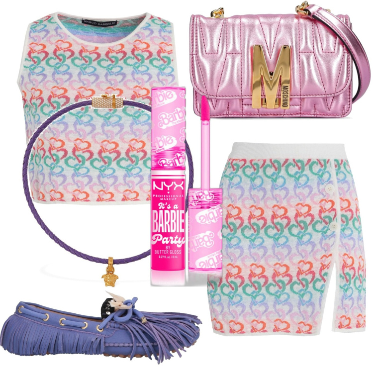 Outfit donna - Candy girl. Stile Bon Ton per Tutti i giorni. Abbinamento con minigonne, mocassini, top, gloss, borse a spalla, collane.