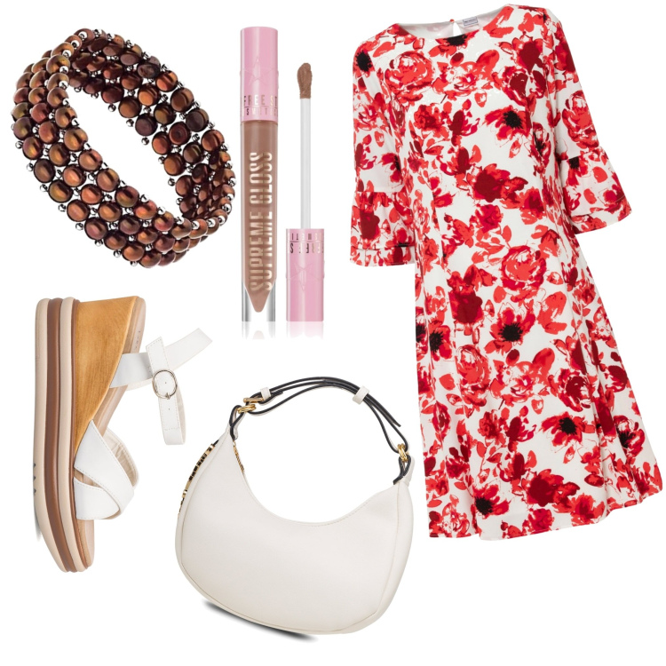 Outfit donna - Total look #1716761. Stile Casual chic per Tutti i giorni. Abbinamento con vestiti, gloss, borse a mano, sandali in pelle, braccialetti.