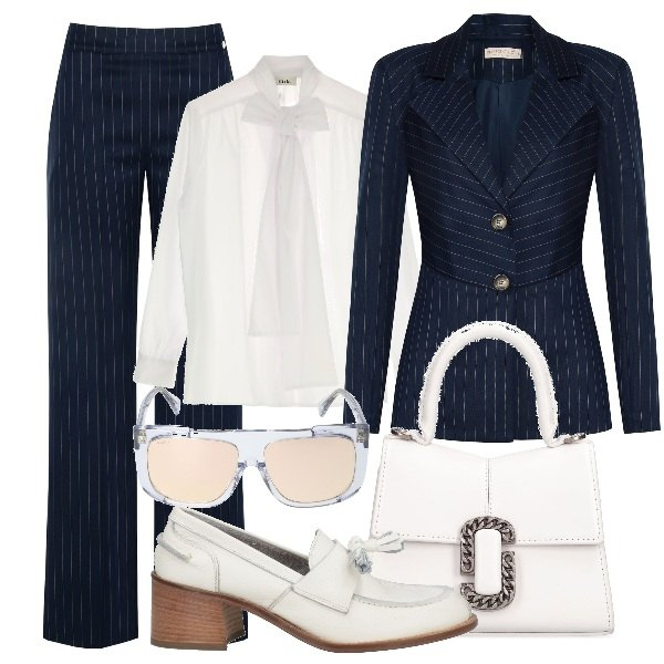 Outfit donna - In gessato. Stile Mannish per Ufficio. Abbinamento con mocassini, camicie, cappotti, pantaloni a palazzo, borse a mano, occhiali da sole.