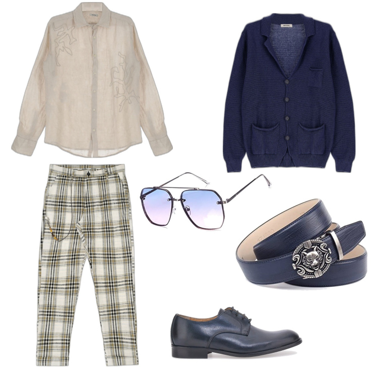 Outfit uomo - Il cardigan blu. Stile Casual per Tutti i giorni. Abbinamento con pantaloni, cardigans, camicie, cinture, scarpe stringate, occhiali da sole.