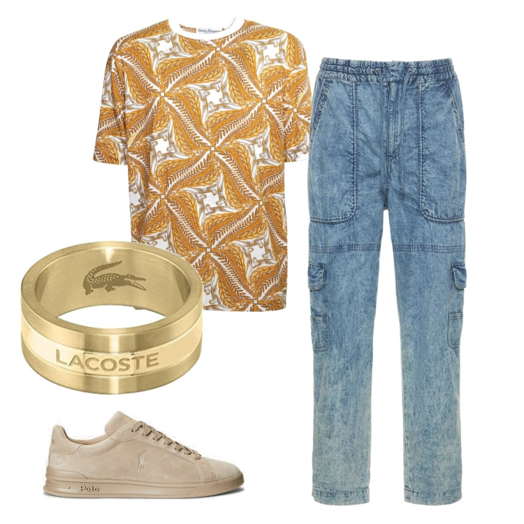Outfit uomo - L\'anello Lacoste. Stile Casual per Tutti i giorni. Abbinamento con t-shirt, sneakers, anelli, pantaloni.