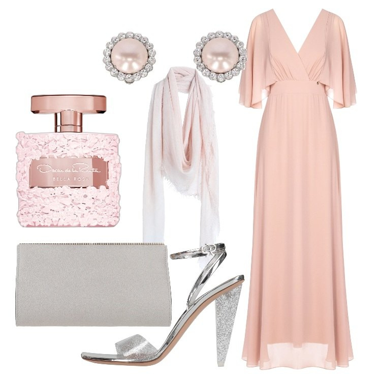 Outfit donna - Una serata davvero importante. Stile Romantica per Serata fuori. Abbinamento con sciarpe, sandali in pelle, orecchini, borse a mano, profumi, vestiti.