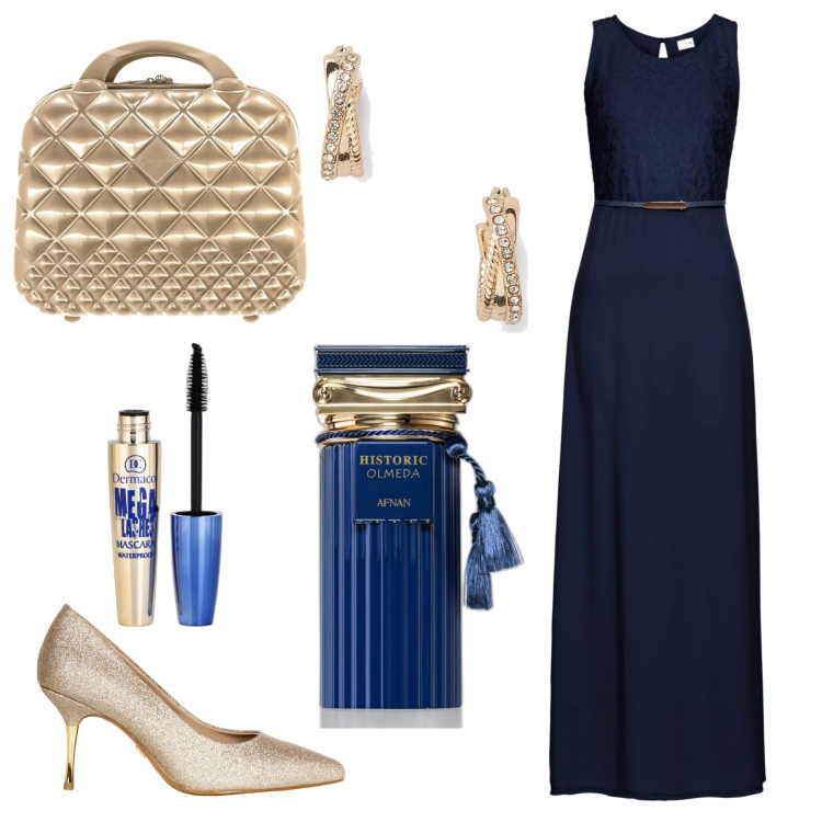 Outfit donna - Galà di beneficienza. Stile Chic per Serata fuori. Abbinamento con vestiti lunghi, mascara, profumi, décolleté, orecchini, valigie.