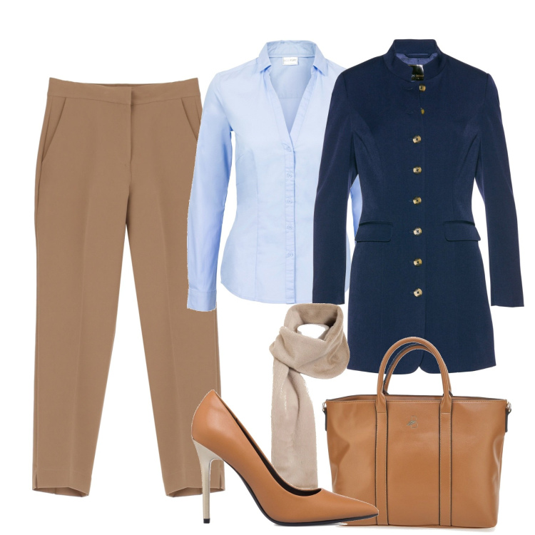 Outfit donna - Cammello e blu. Stile Chic per Tutti i giorni. Abbinamento con camicie, blazer, foulard, pantaloni capri, décolleté, borse a mano.